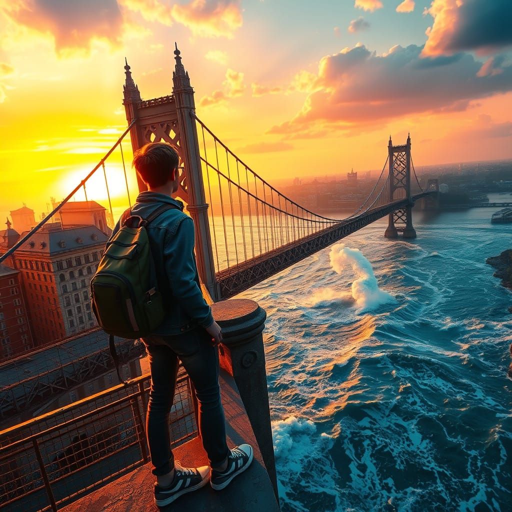Young Adventurer on Heritage Suspension Bridge at Sunset