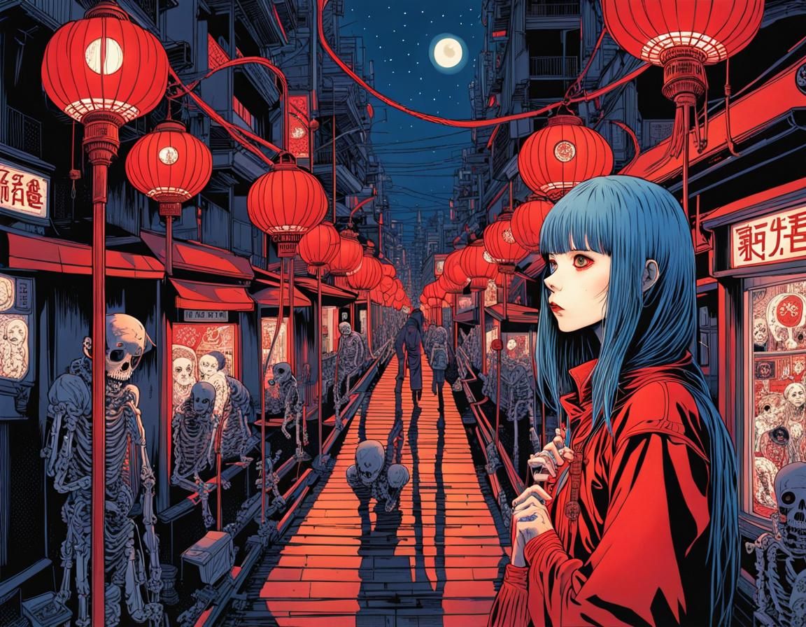 Cyberpunk Skeletons and Ghouls in Lantern-lit City
