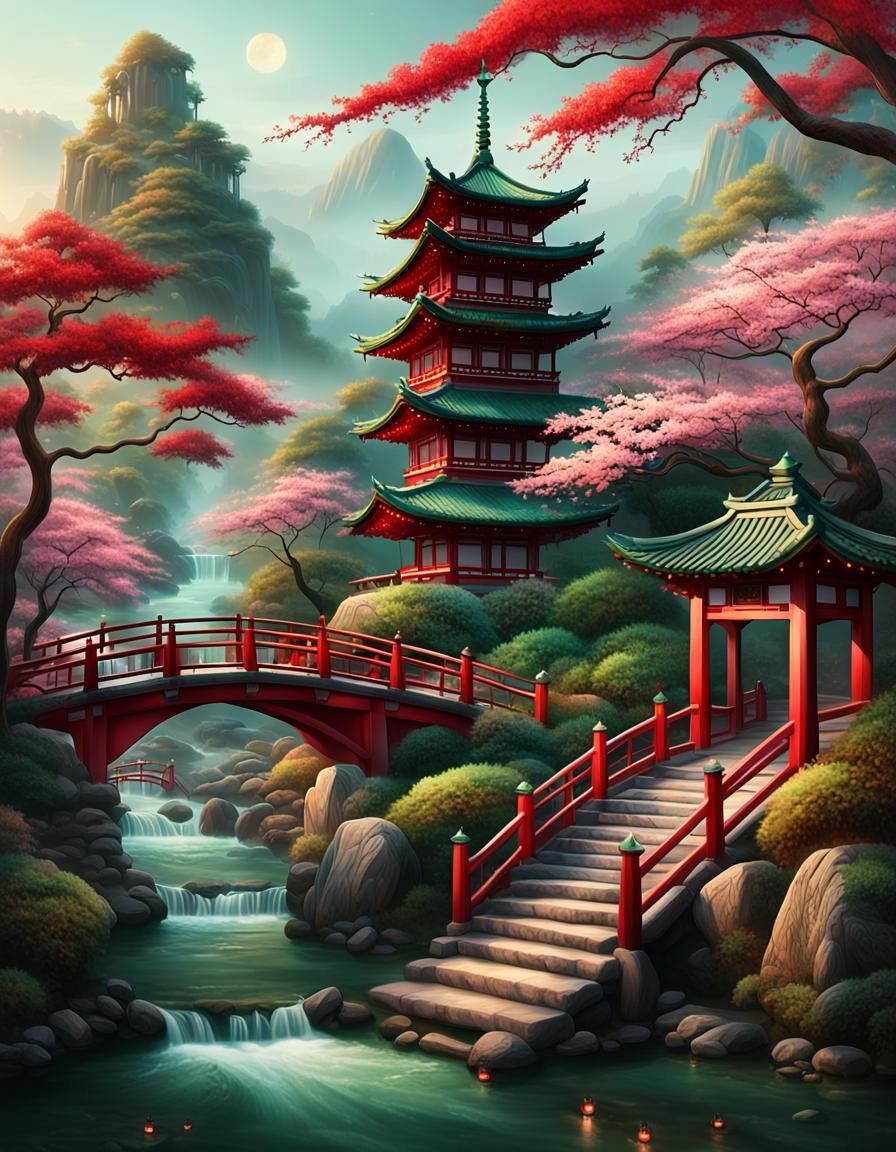 Red Japanese Garden Pagoda with Bridge, Fantasy Art