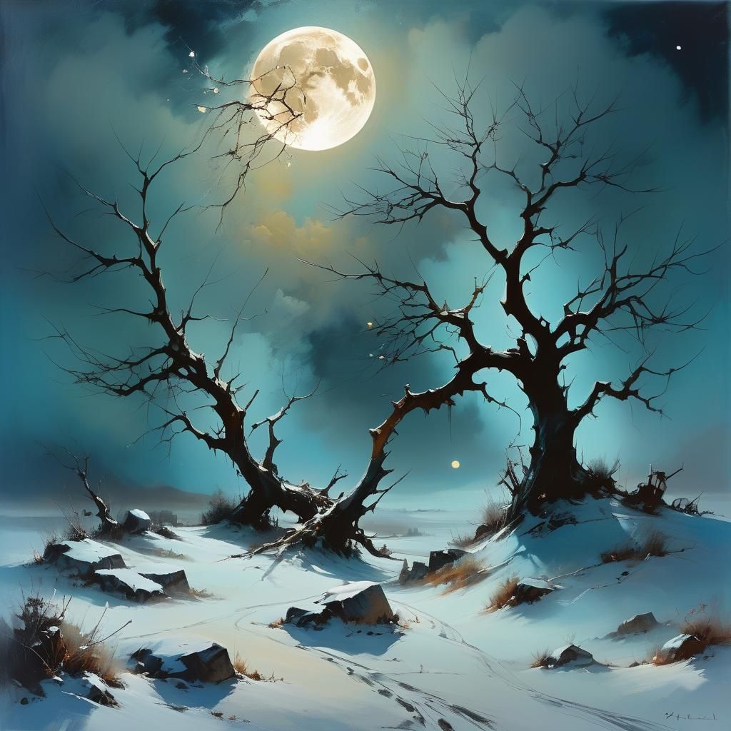 bright full moon, the night puts the horizon to sleep, a hushed winter in the land