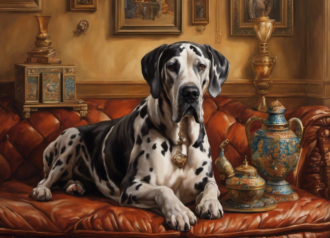 Harlequin Great Dane in Cozy Living Room
