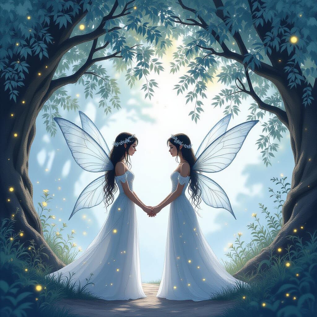 Ethereal Fairies Beneath Starlit Trees, Watercolor Fantasy S...