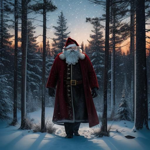 Santa Claus in Snowy Forest at Golden Hour