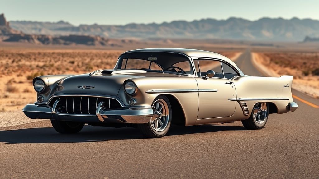 3/4 front view, a GM 1955 concept muscle car, long, low, gleaming chrome side pipes, mag wheels, hood latches, and a lon...