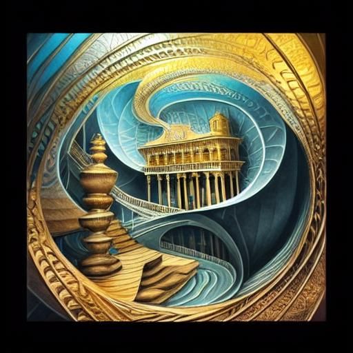 Grand Staircase Rising: Surreal Etching in Golden Hues