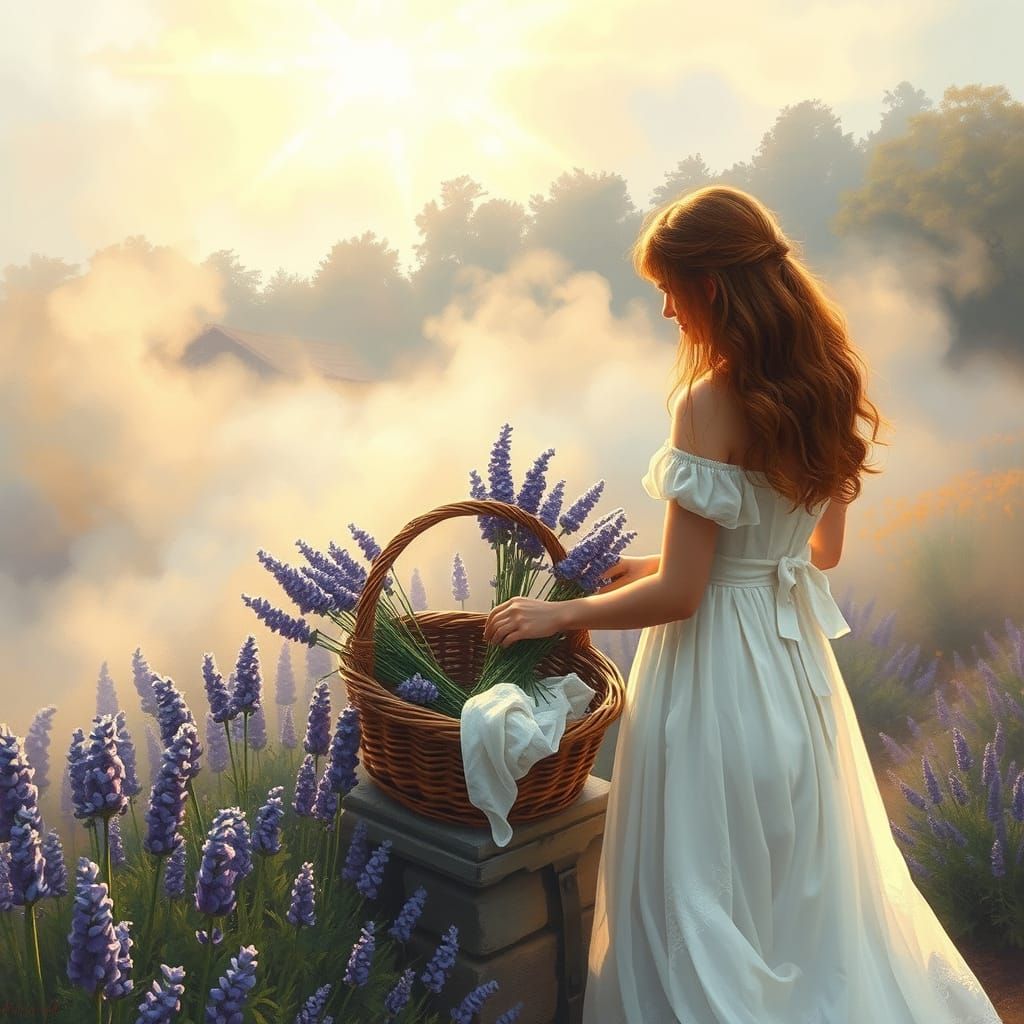 Lady Gathering Lavender in Golden Light