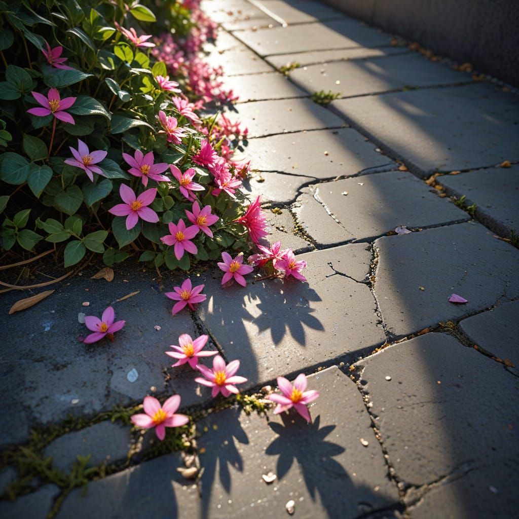 Small cluster of flowers growing in a crack of a gray concre...