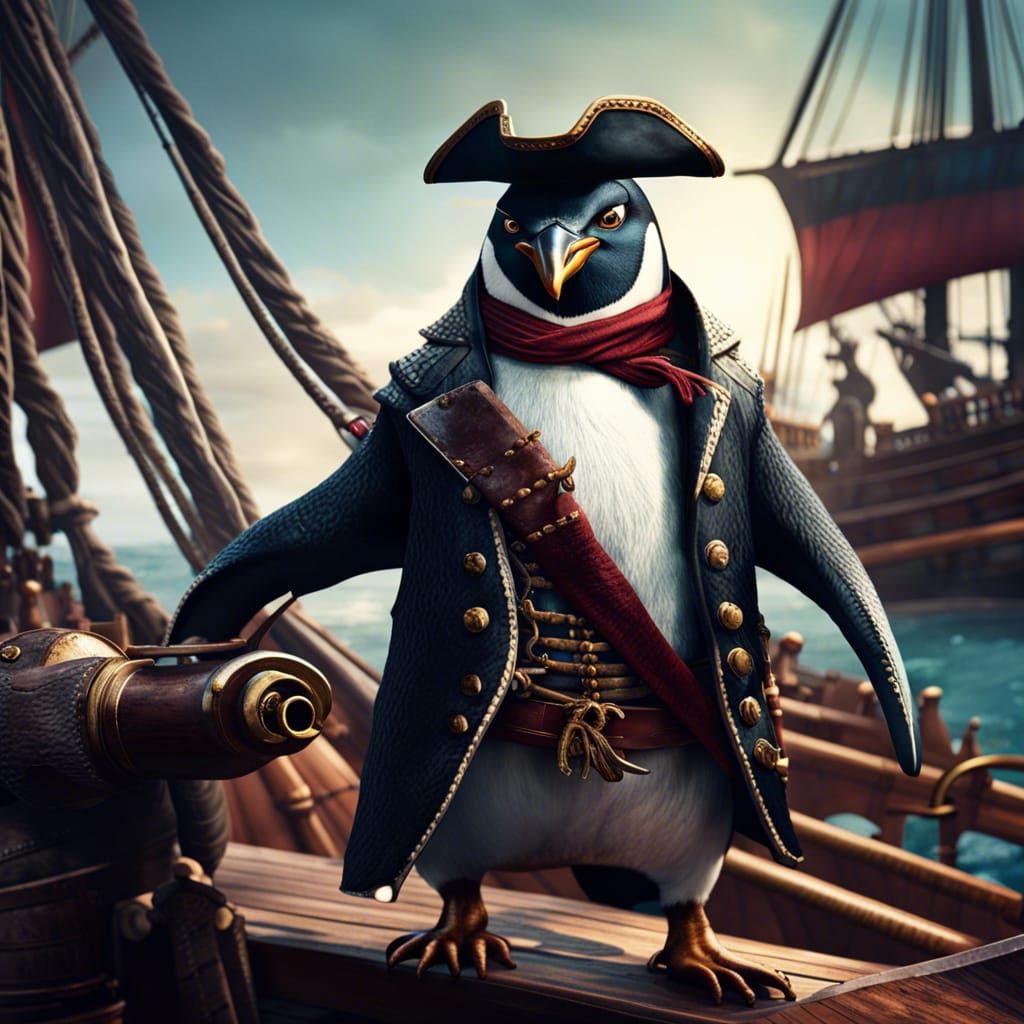 Penguin Pirate on Deck: Detailed Matte Painting