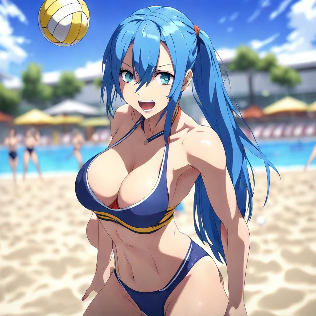 Anime girl blue hair ponytail playing volley in bikini