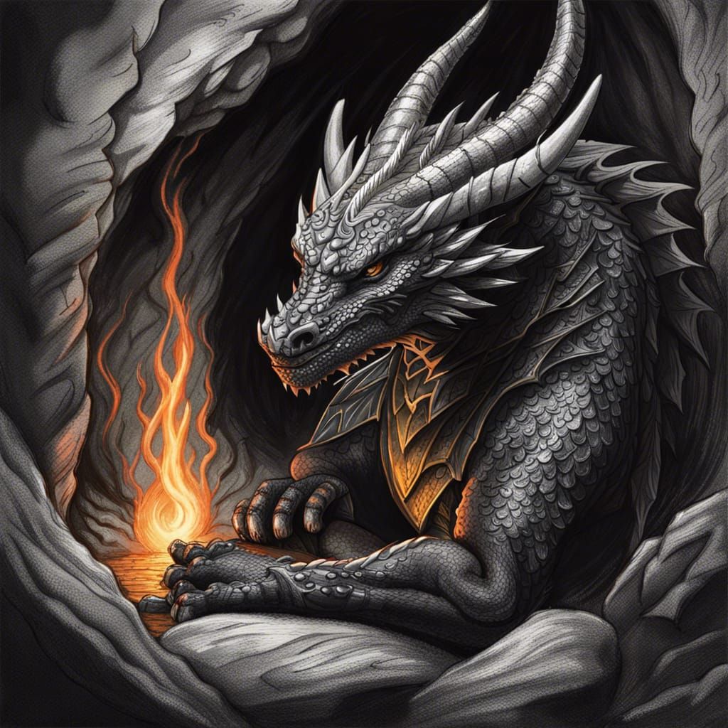 Black Dragon in Cave: Detailed Pencil Sketch