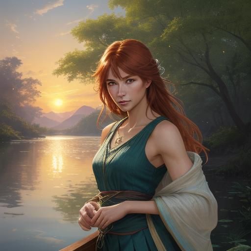 Sunset Landscape with Redhead Artist, Hyperdetailed Portrait