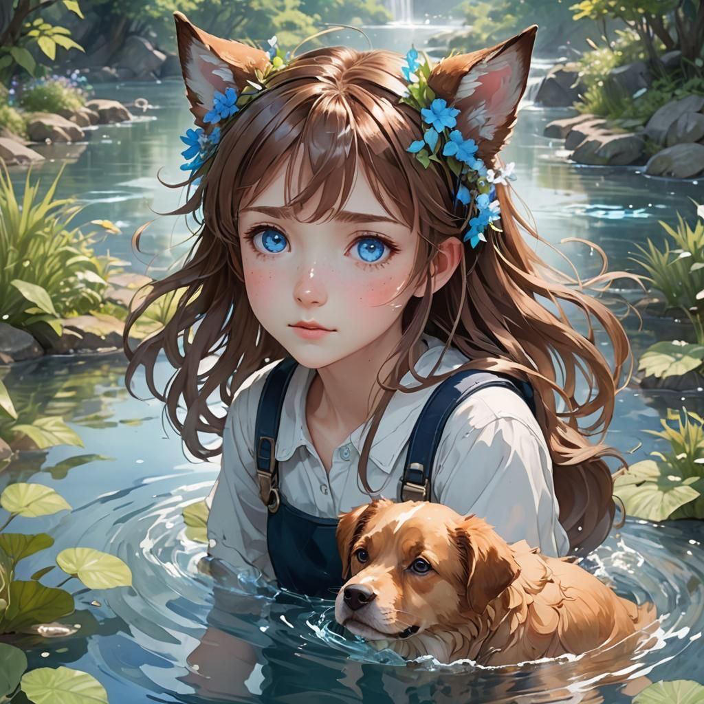 Anime Girl with Dog Ears in Watercolor Style