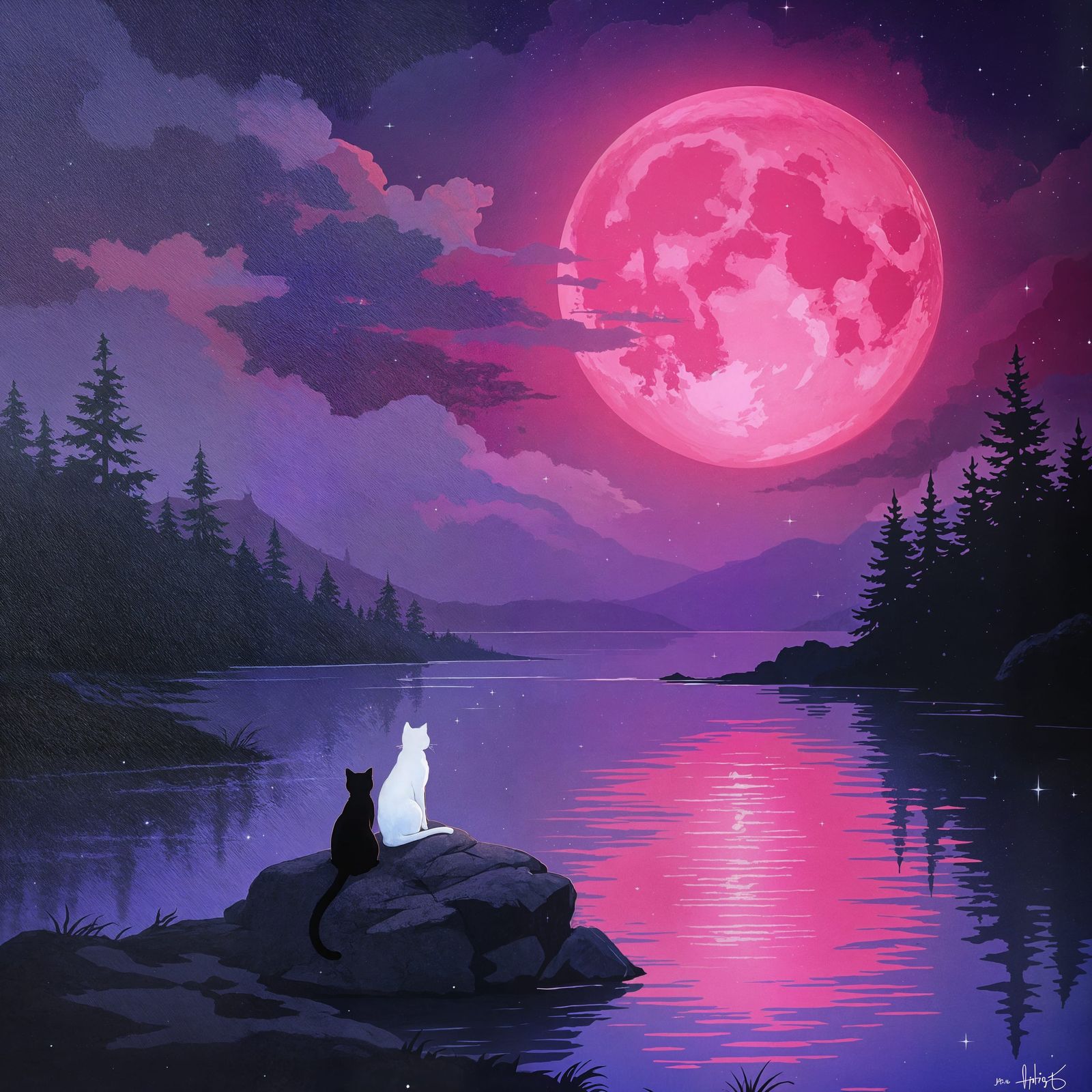 Ethereal Crimson Moonlit Feline Silhouettes