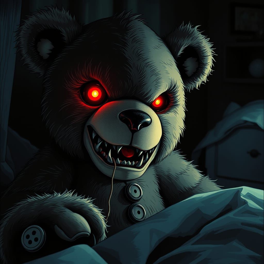 Sinister Teddy Bear Lurking in Dimly Lit Bedroom