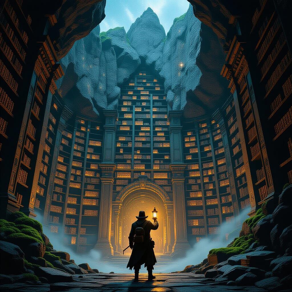Ancient Mountain Library Filled with Glowing Texts