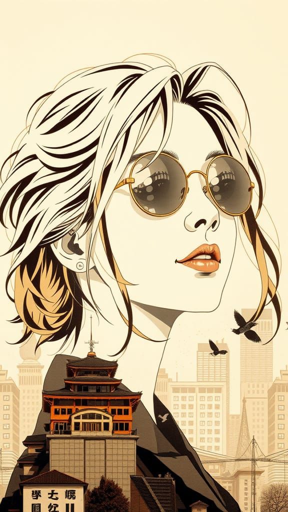 Japanese woman with blonde, loose hair and mirrored aviator sunglasses, set against a delicate Osaka cityscape