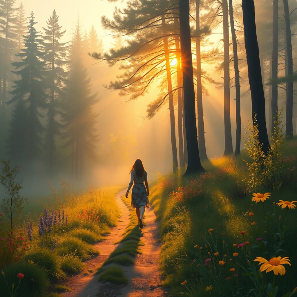 Serene Woman Amidst Tranquil Forest Landscape