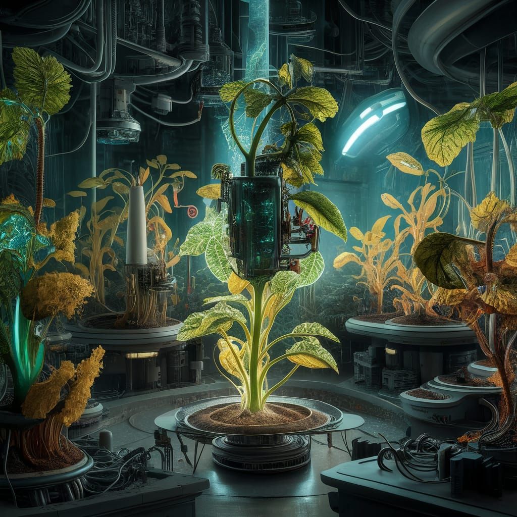 Futuristic Bio-Punk Lab with Bioluminescent Plants