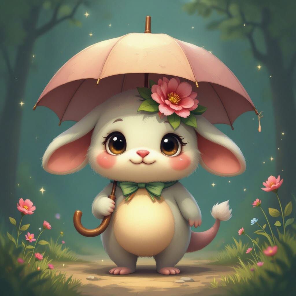 Whimsical Creature with Umbrella Head and Floppy Ear Legs