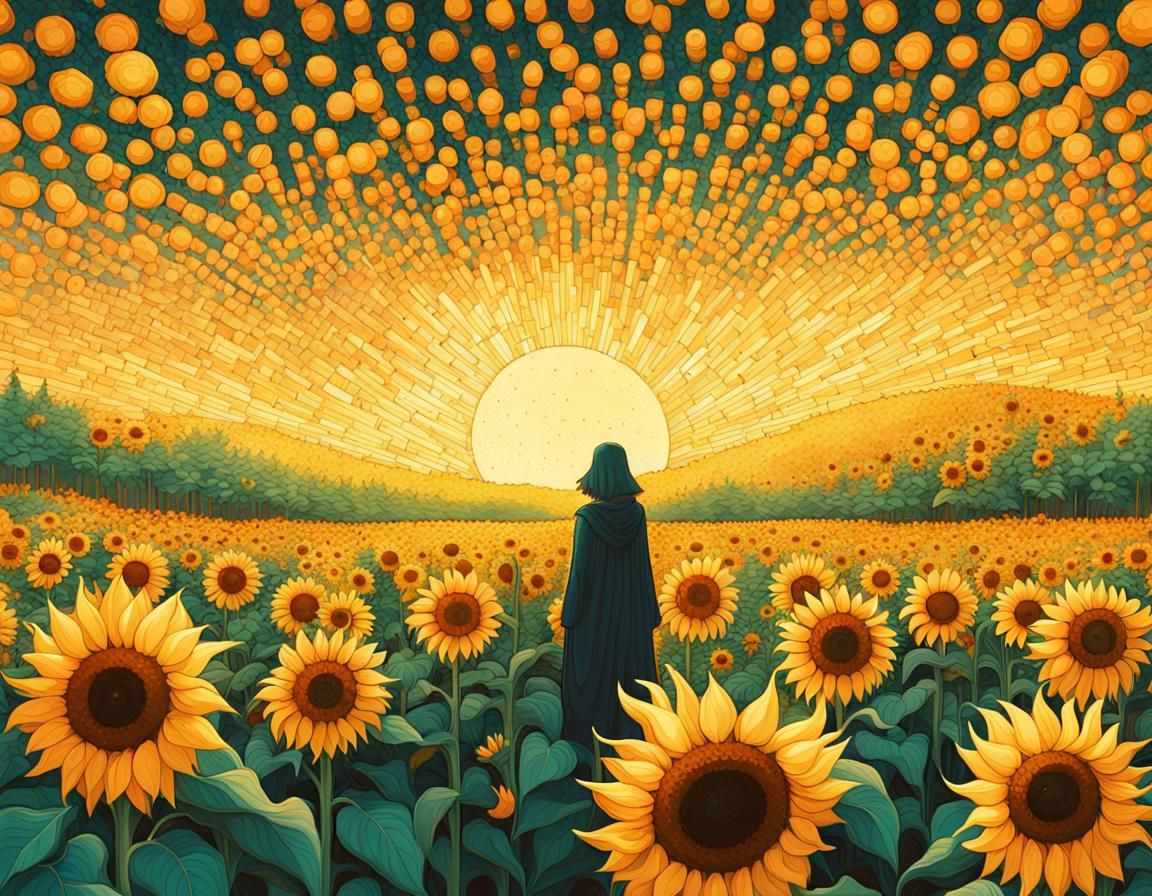 Grimm Reaper in Hyperrealistic Solarpunk Sunflower Field