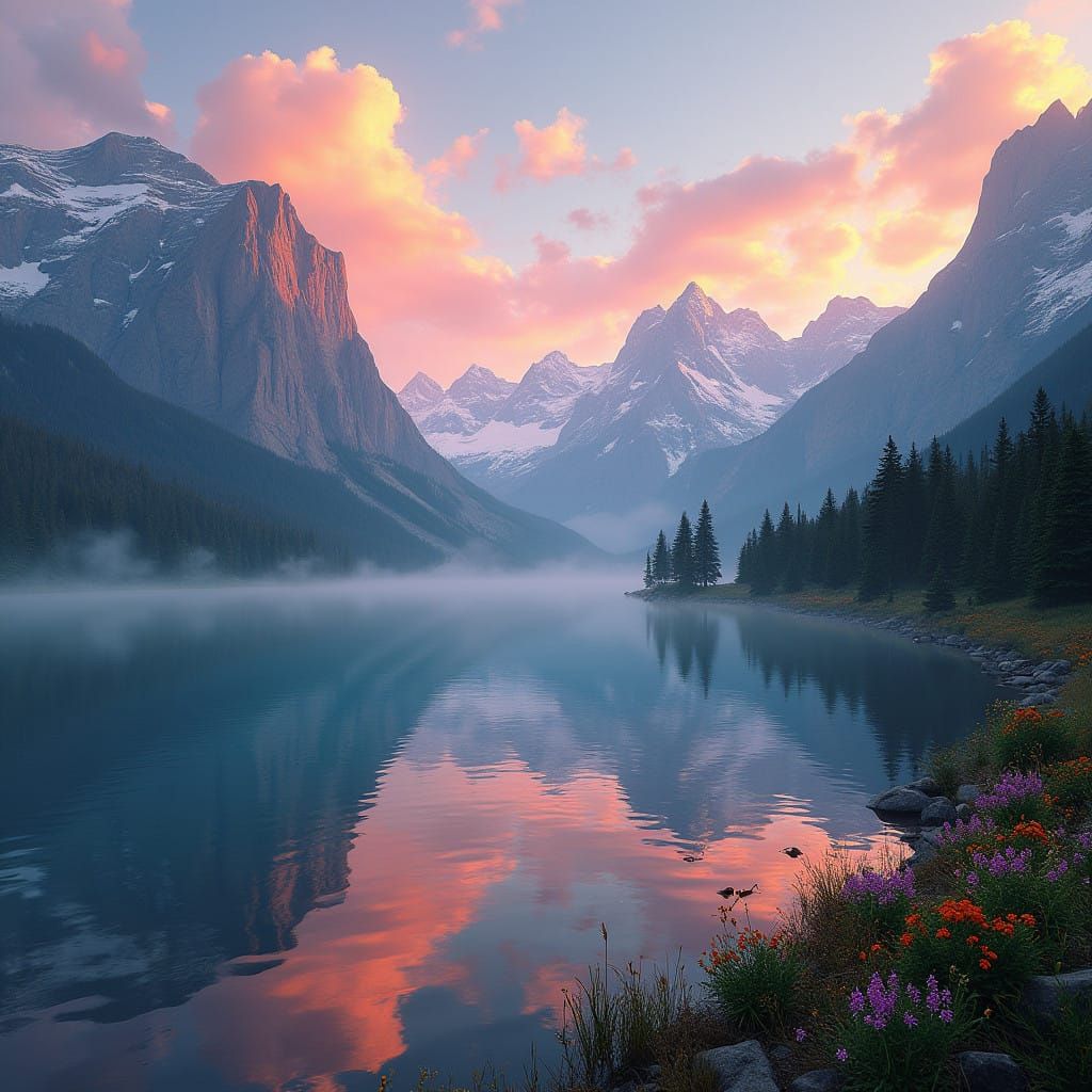 Towering Snow-Capped Mountains Reflect on Crystal-Clear Lake...