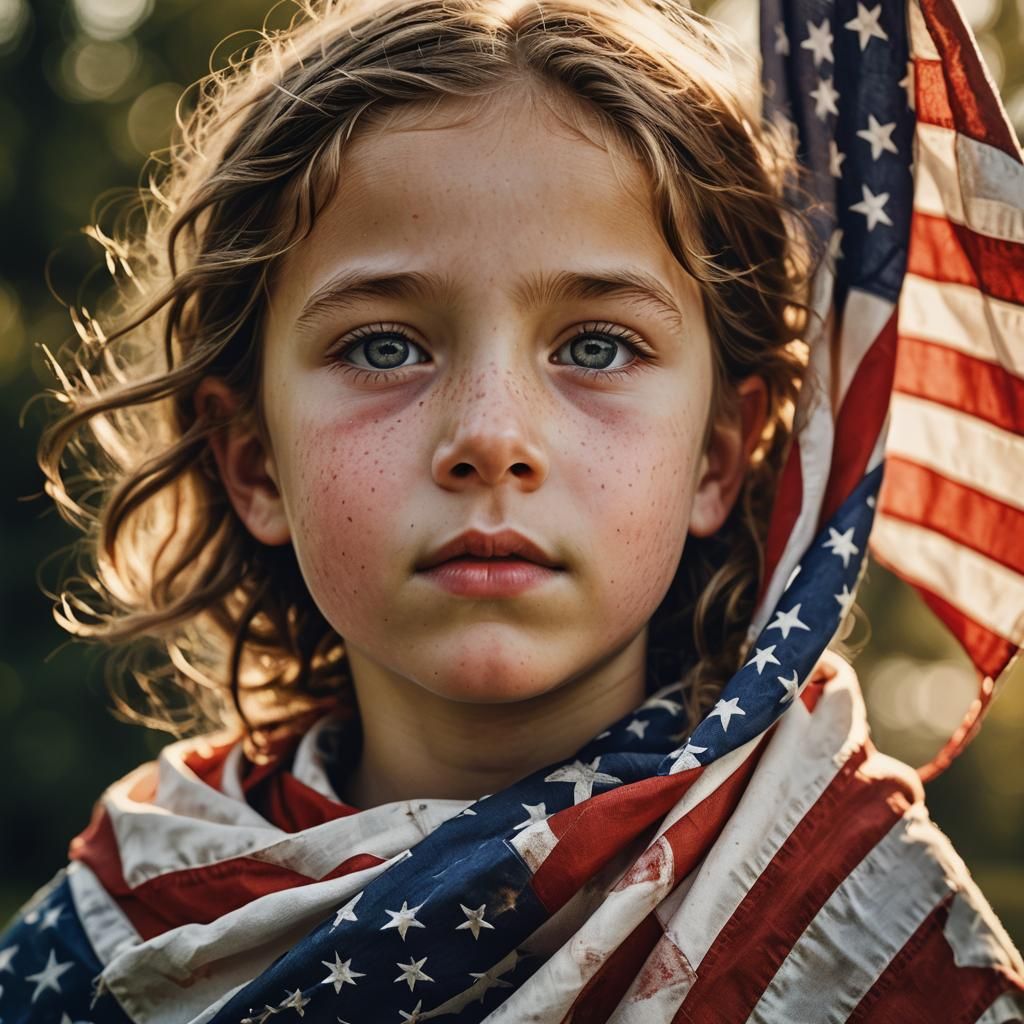 American Dream Portrait: Girl in Flag, Golden Hour