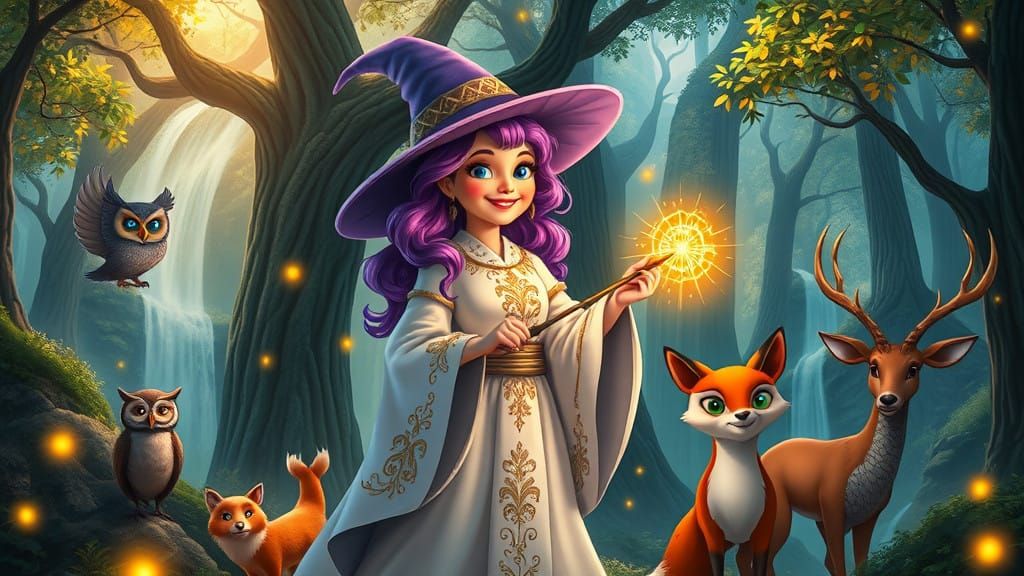 Friendly Witch in Whimsical Forest, Surrounded by Enchanted...