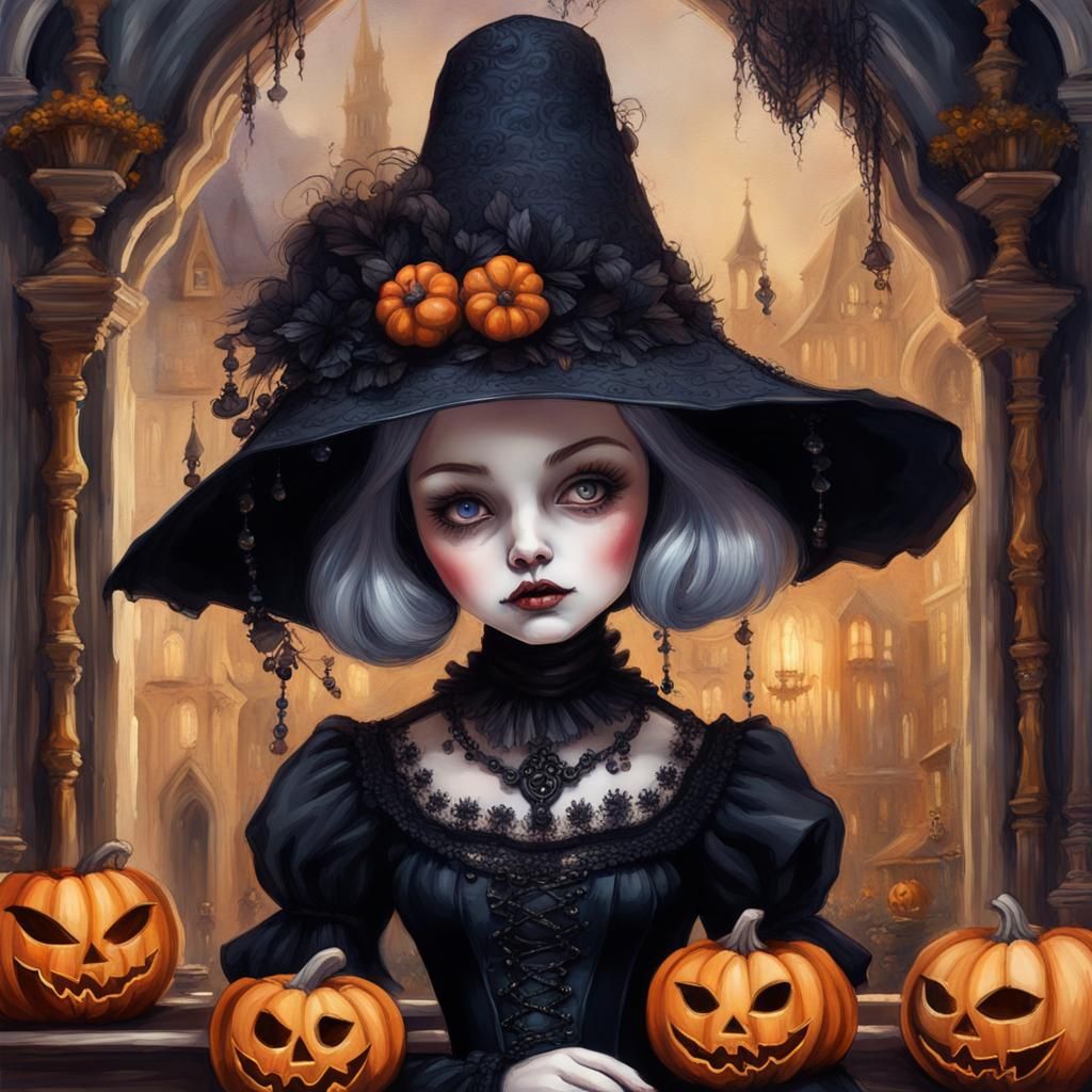 Gothic Dollhouse Halloween Scene in Gouache Style