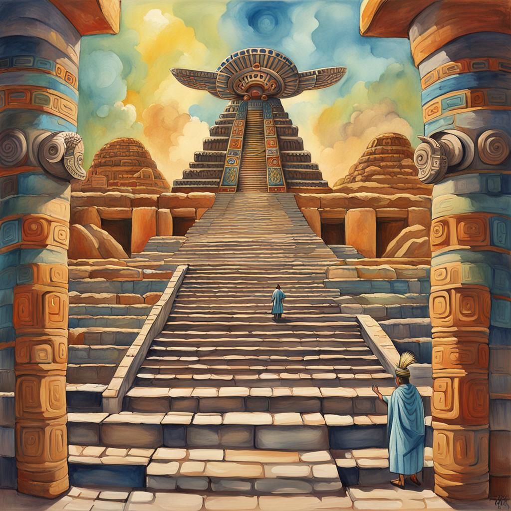 Mayan Ruler's UFO Encounter: Gouache Impressionist Masterpie...