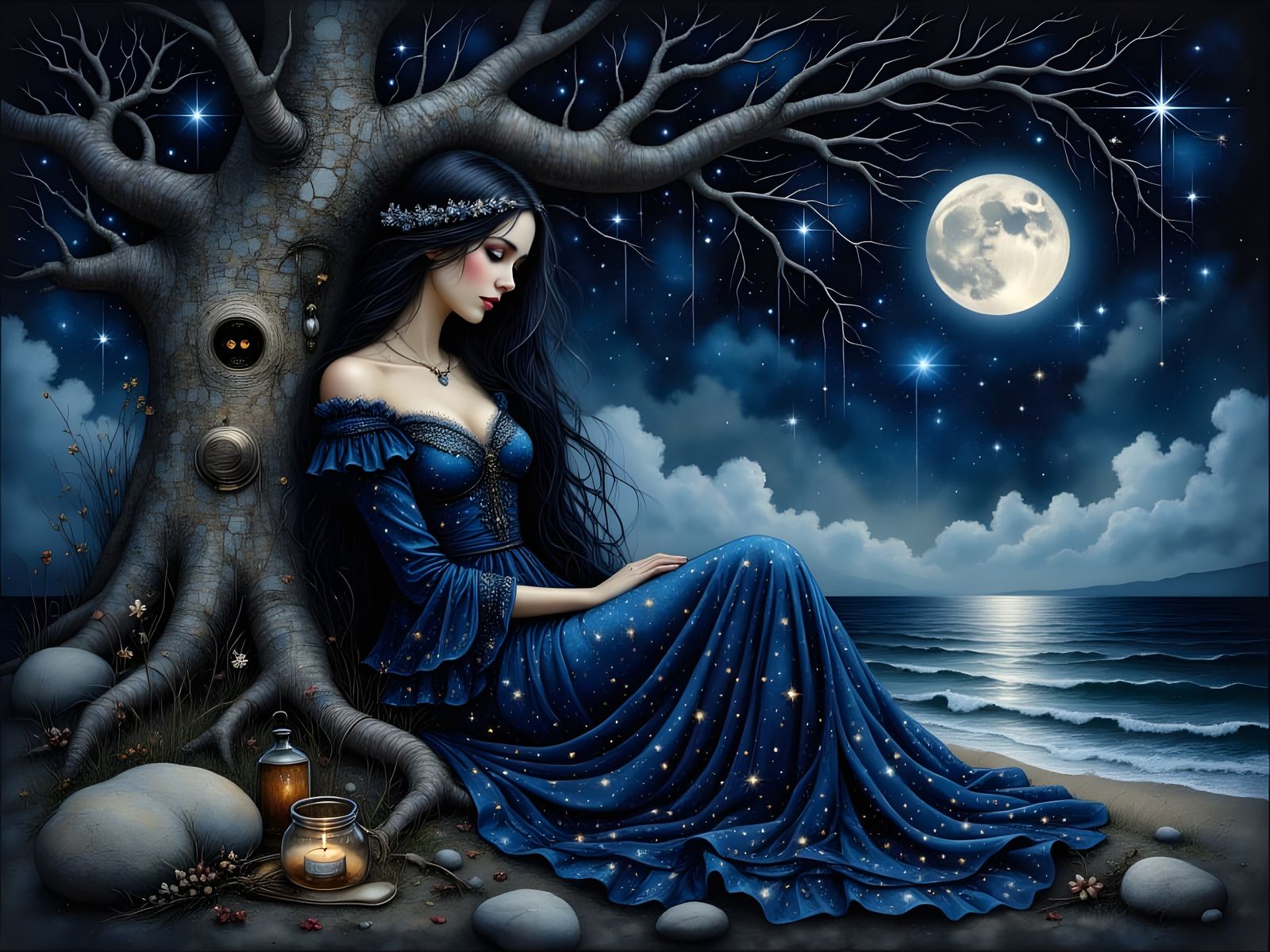 Norse Goddess Under Oak Tree with Ink Details