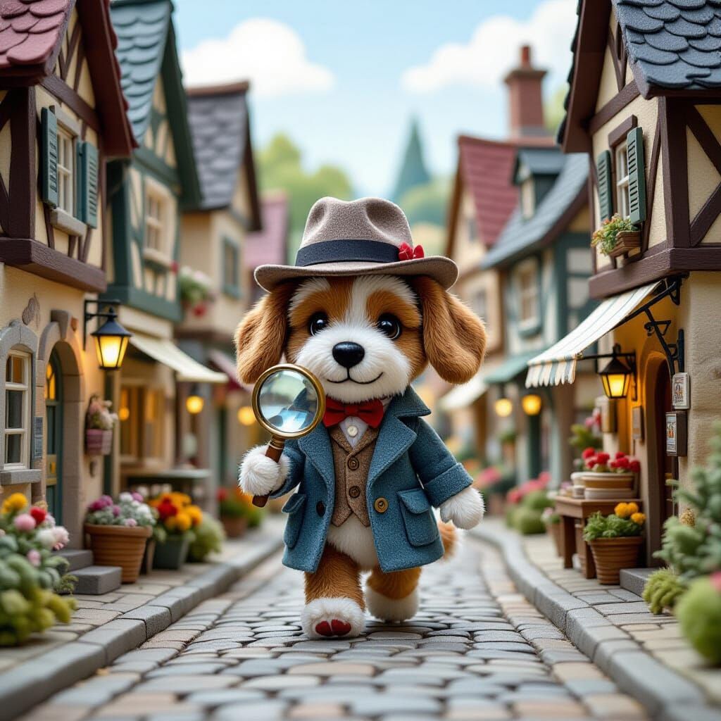 Charming Felt Detective Dog in Medieval Town