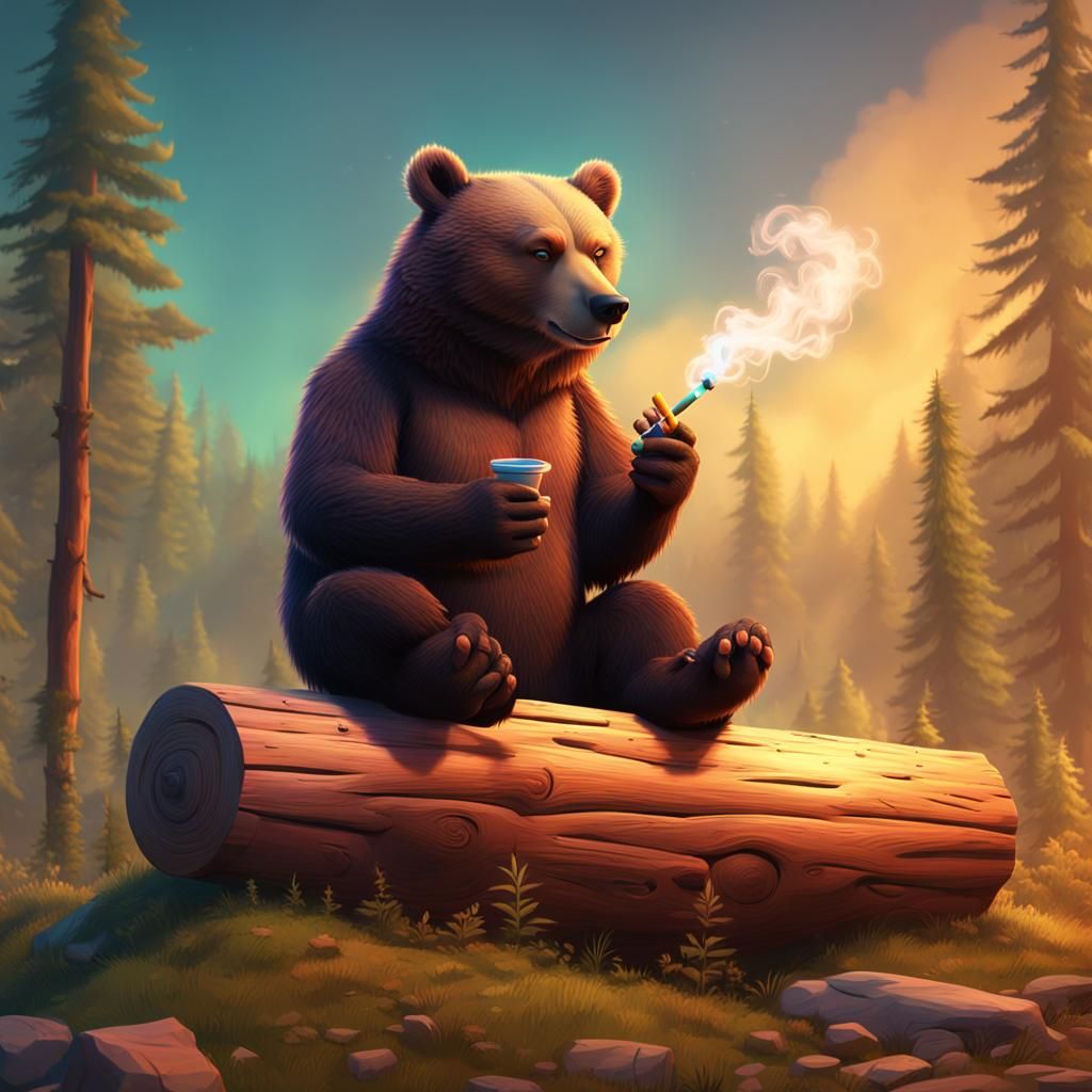 Bear Smoking on Log: Pixar-Style 3D Render
