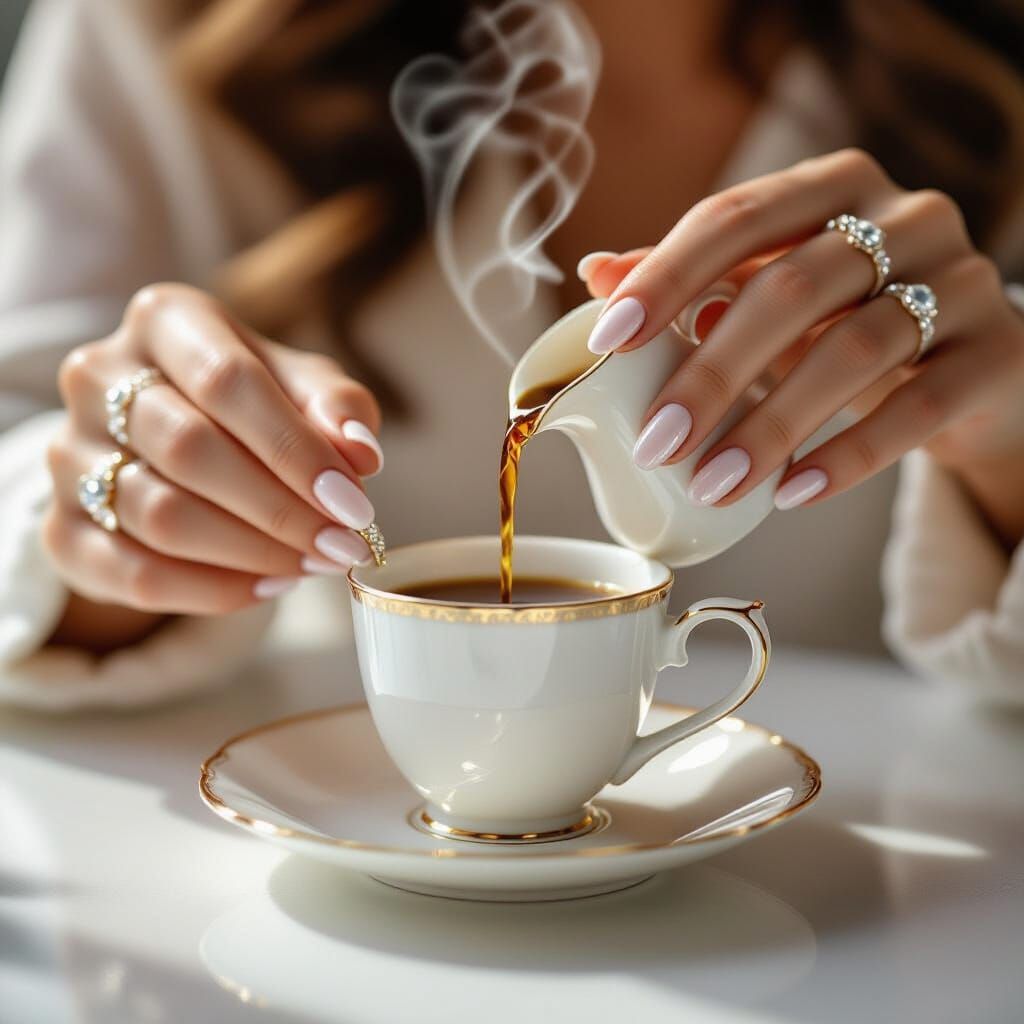 Elegant Hand Holds Porcelain Jug with Coffee Pour