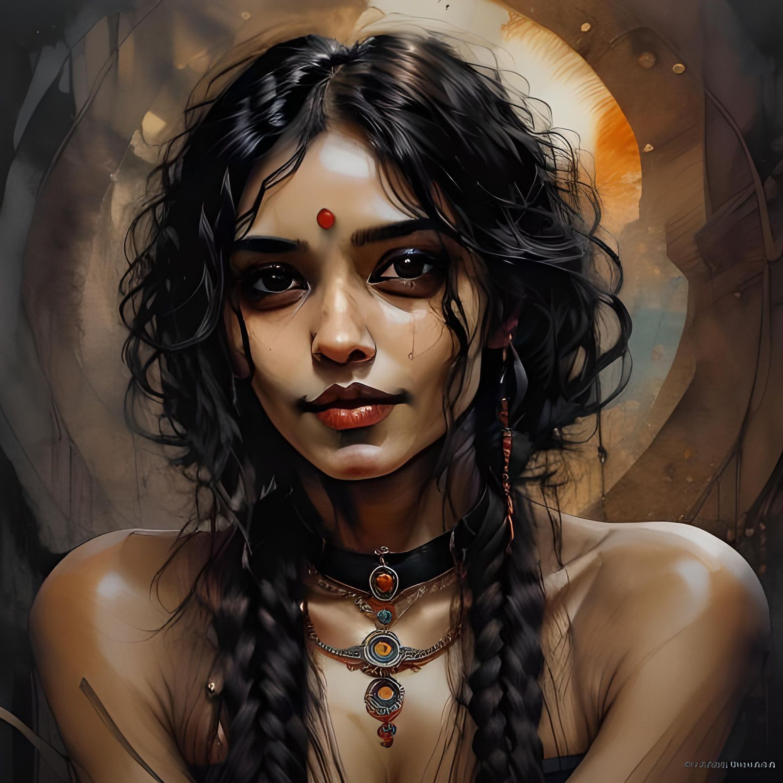 Laughing Indian Woman Portrait with Inky Accents