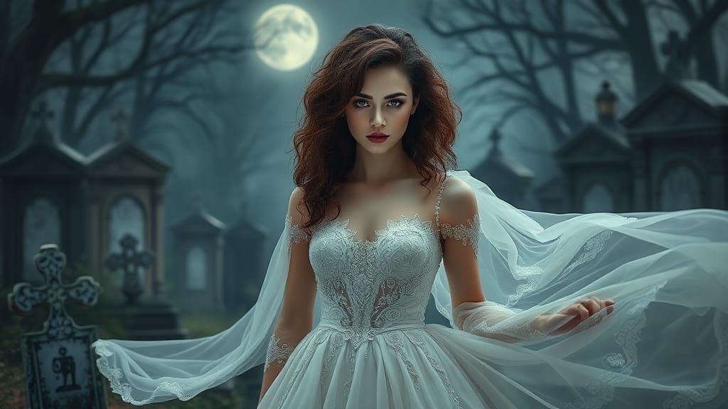 Melancholic Woman in Moonlit Graveyard, Art Deco Style