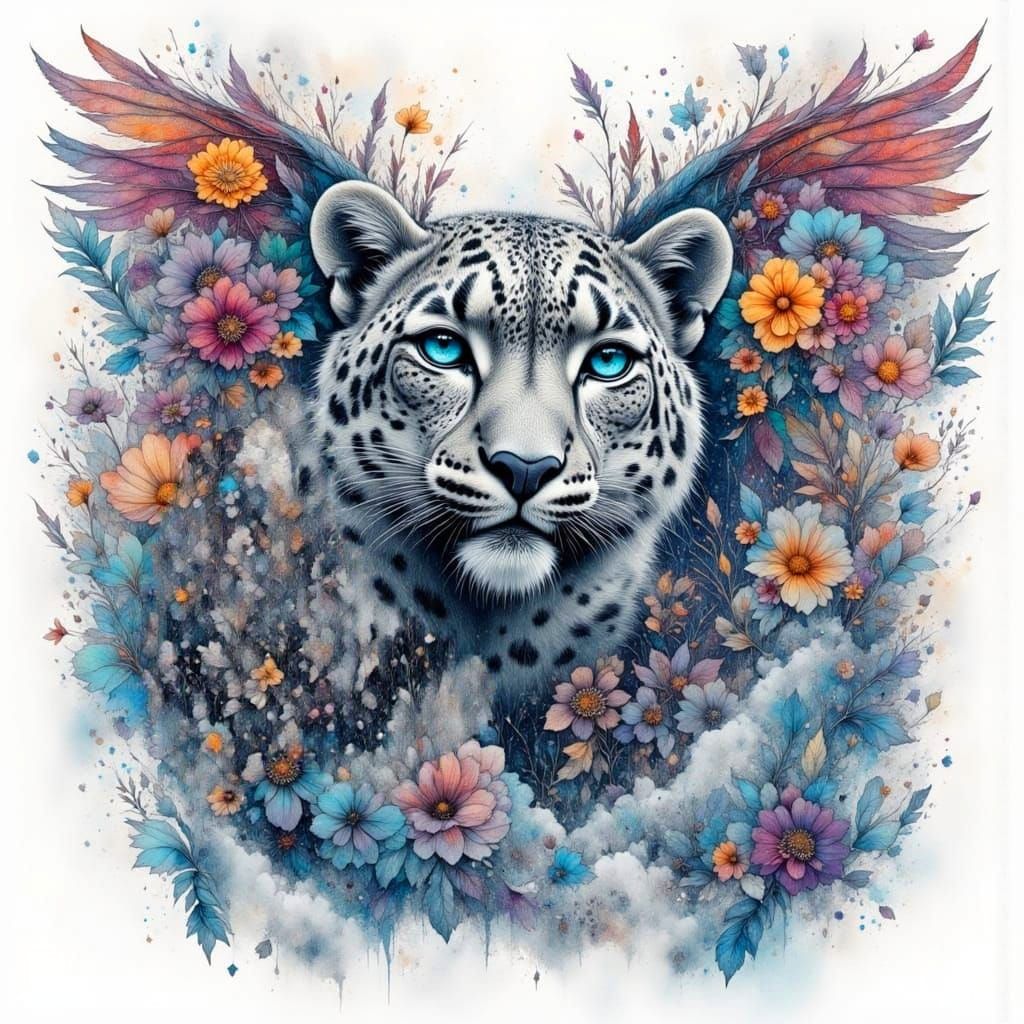 Winged Snow Leopard in Watercolor with Lace Florals
