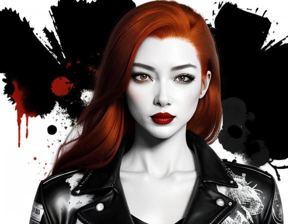 Redhead Biker Girl Portrait in Ink Splatter Style