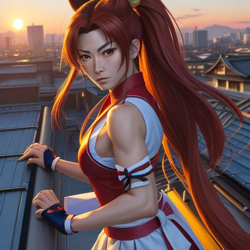 Anime-Style Fighter Maiden Dominates Sunset Rooftop