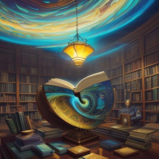 Dreamlike Library Scene in Vibrant Oil Painting