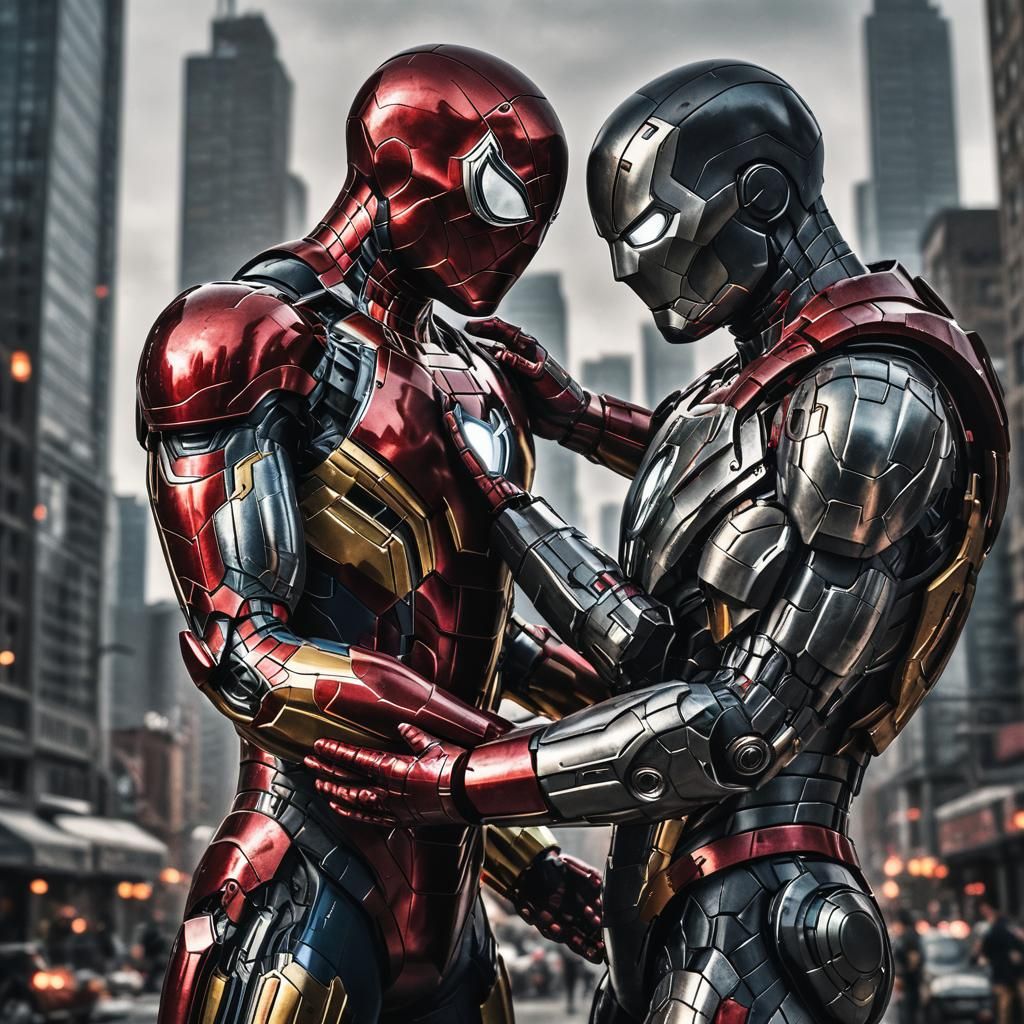 Spiderman and Iron Man Embrace: Hyperrealistic Image
