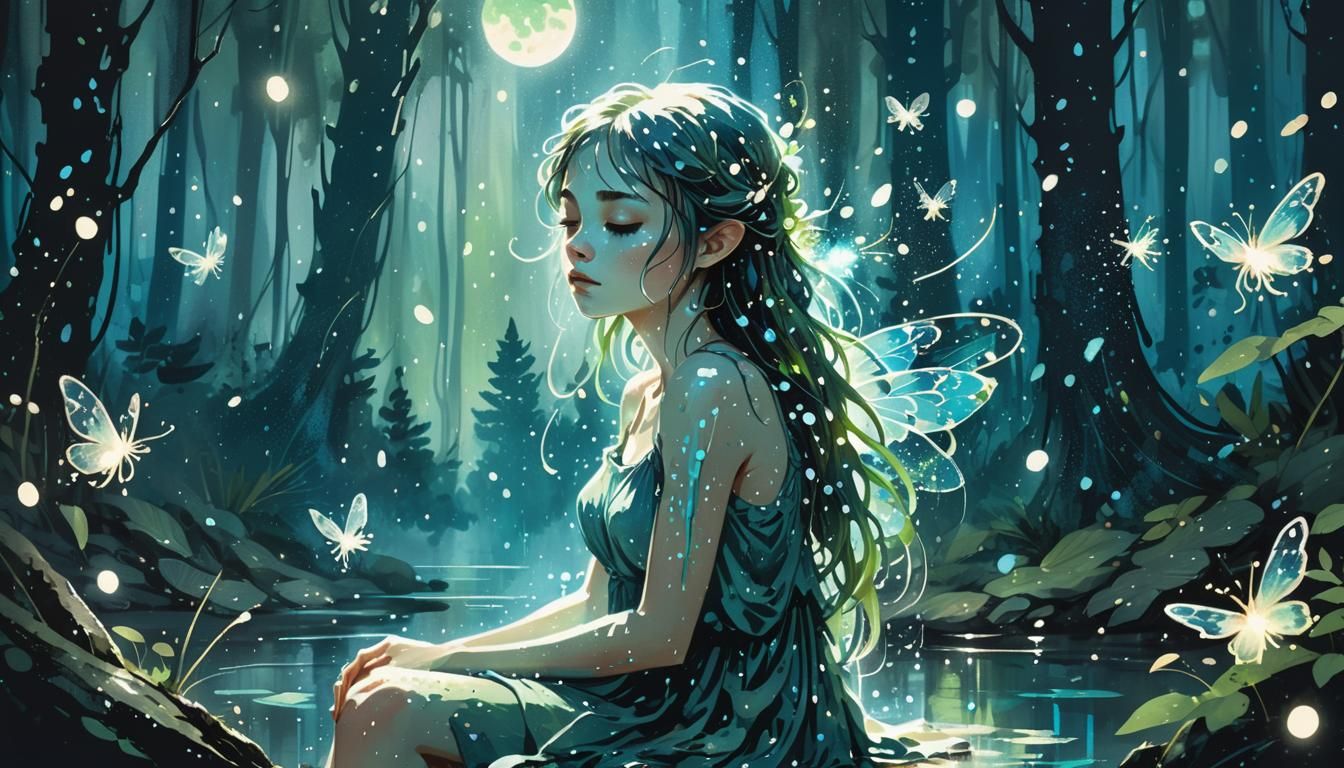 Sylph in Forest: Ink Splatter Art with Fireflies