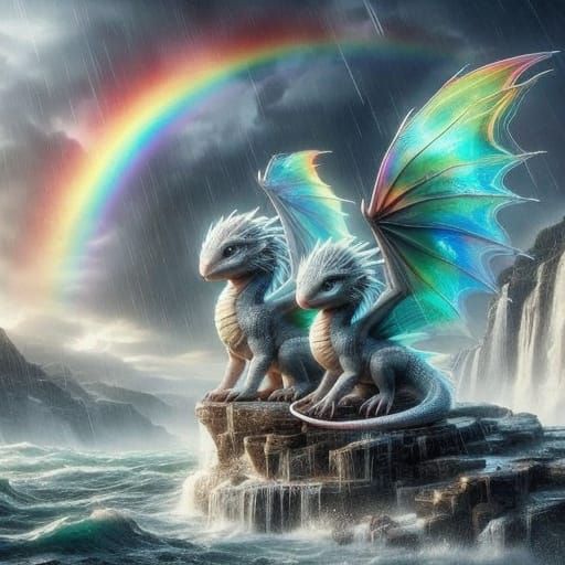 Majestic Photo-Realistic Young Dragons Amidst a Rainy Rainbo...