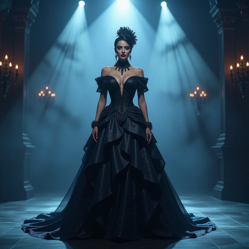 Gothic Showgirl in Shimmering Scale Gown on Ornate Stage