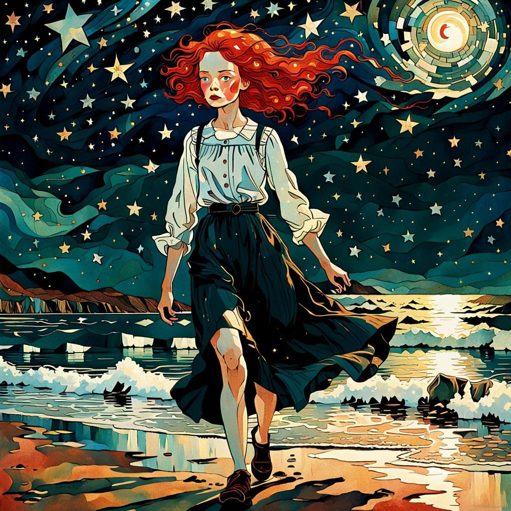 Red-Haired Woman Under Starry Sky