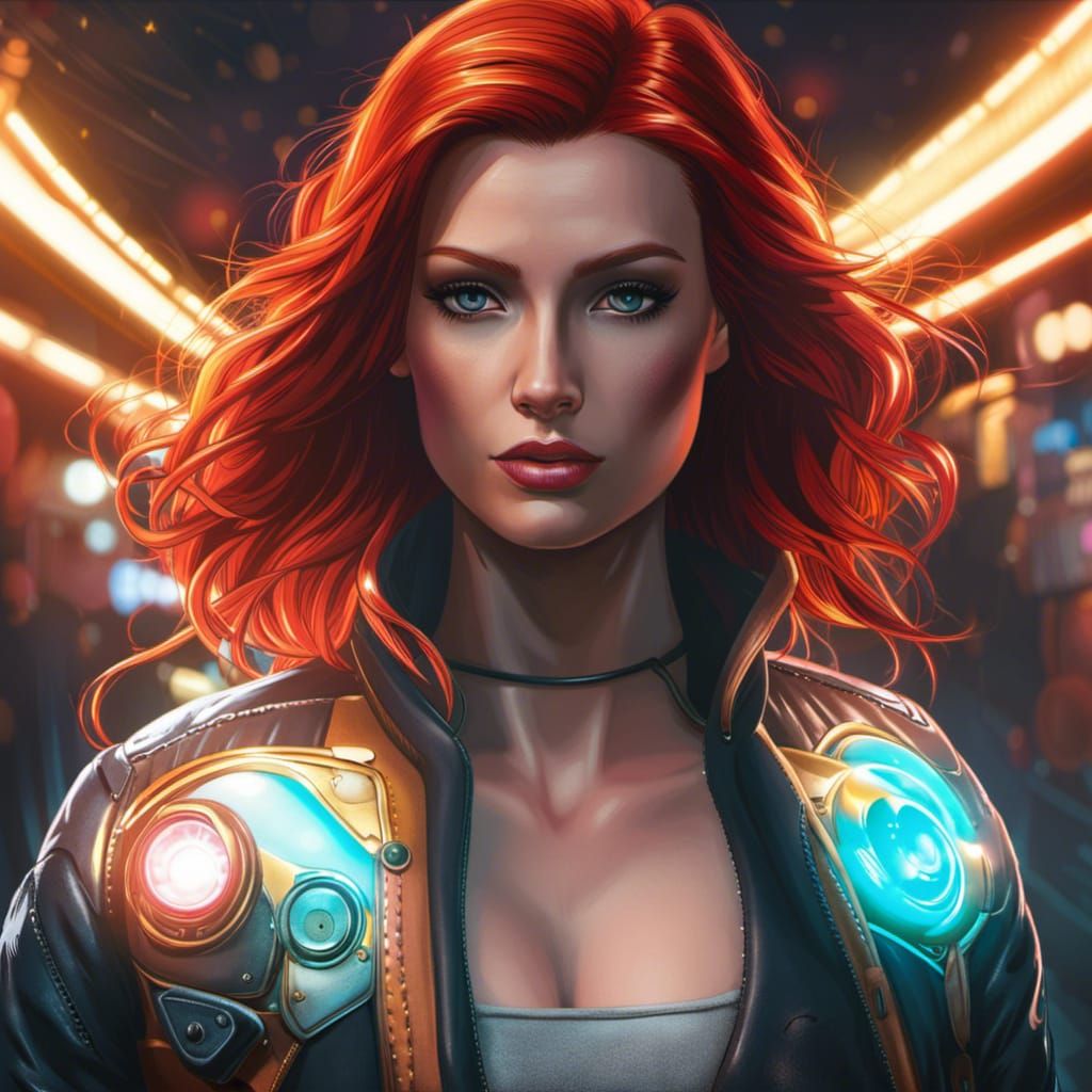 Redhead Biker Girl in Cyberpunk 2099 Style