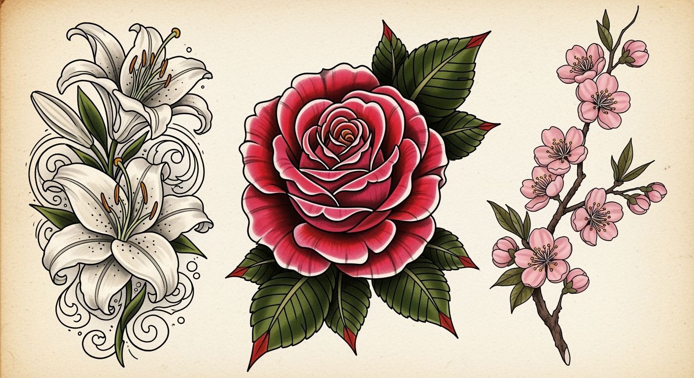 Neo-Traditional Floral Tattoo Designs with Roses and Lilies