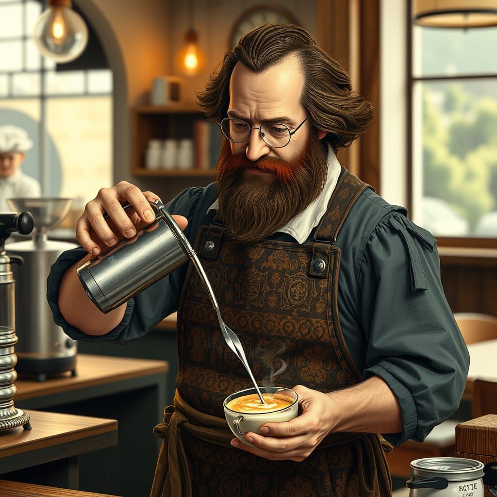 Shakespeare as Barista in Modern Cafe