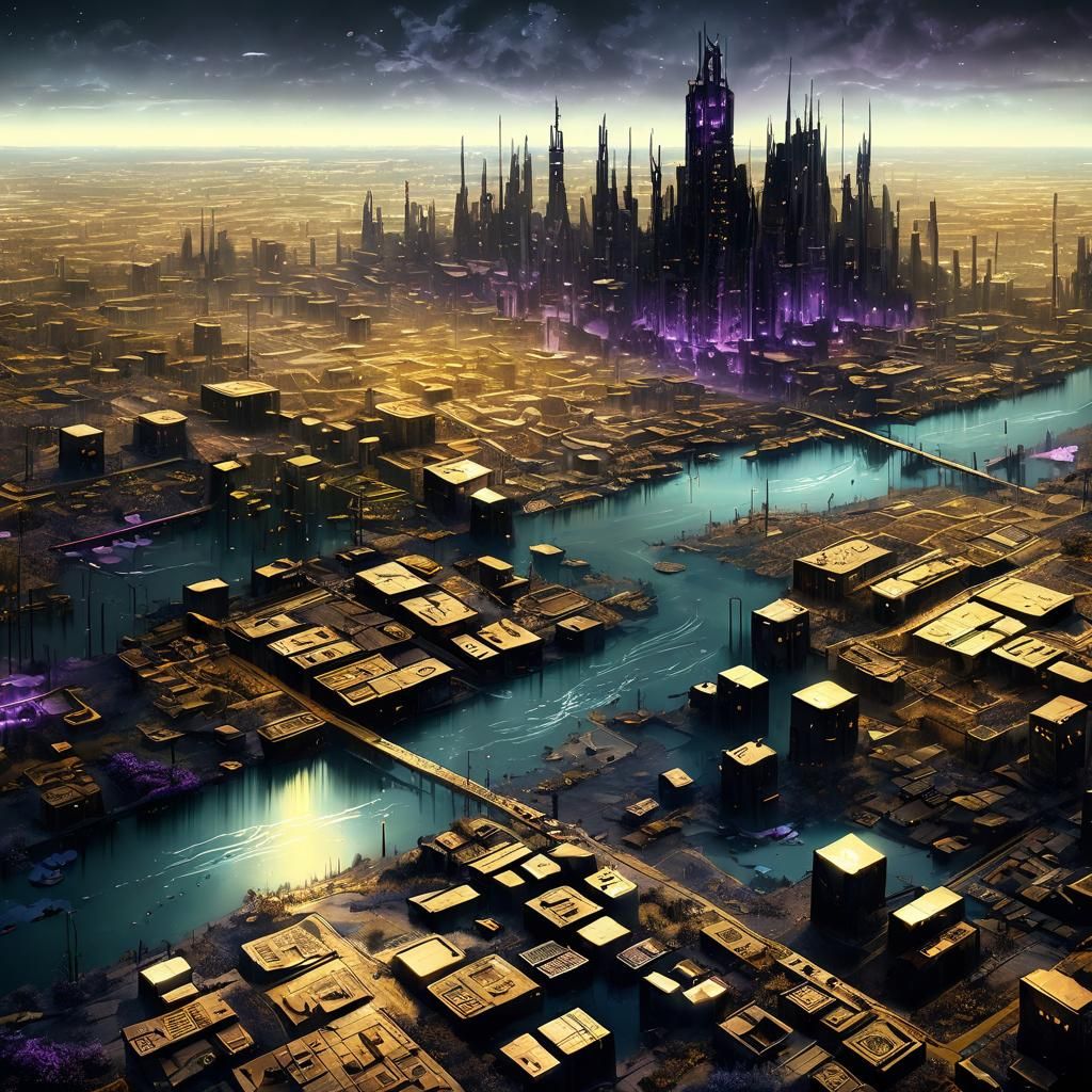 Retrofuturistic Dystopian Shanty Metropolis at Dusk