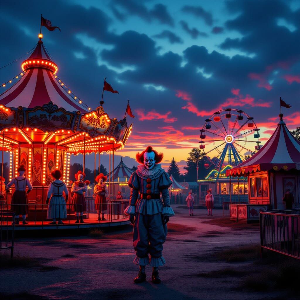 Creepy Carnival at Dusk with Haunted Attractions
