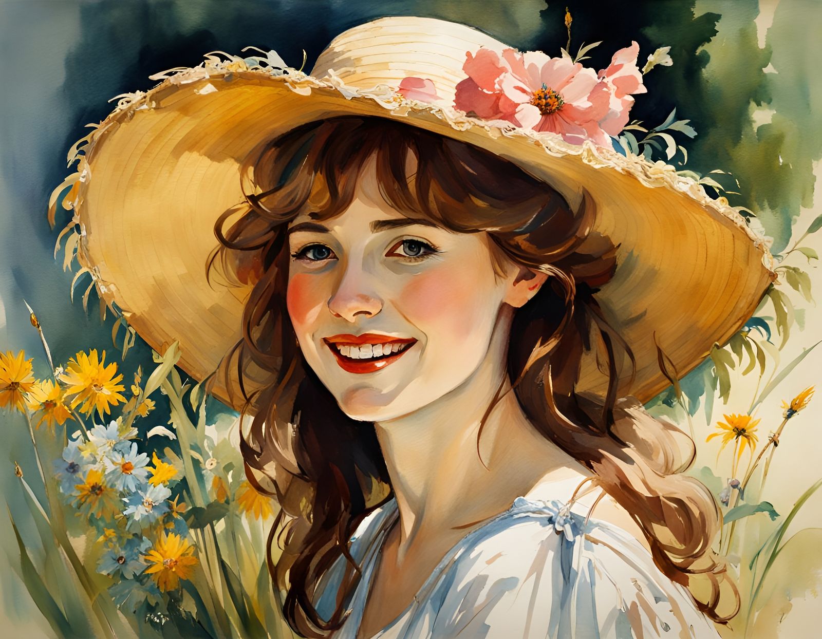 Smiling Mother in Summer Dress: Folk Art Watercolor